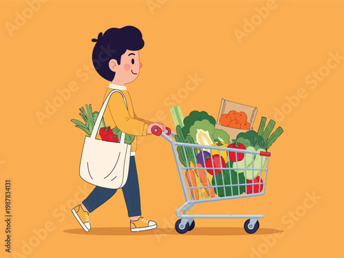 Happy young man grocery shopping, pushing a cart full of fresh vegetables and fruits, carrying a reusable tote bag, healthy lifestyle and sustainable living vector illustration