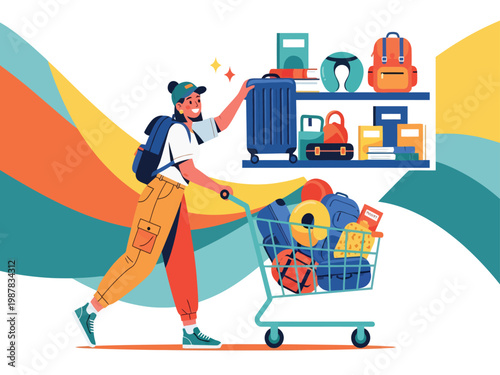 Travel shopping vector illustration, a happy person pushing a cart full of luggage and travel essentials. Vacation preparation and trip planning, tourism and adventure concept.