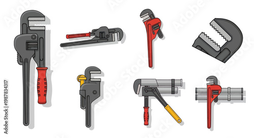 Set of Adjustable Pipe Wrenches and Plumbing Tools