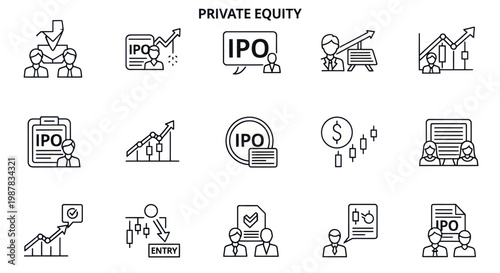 Private Equity IPO Icons: Investment, Growth, Finance, Business, Strategy