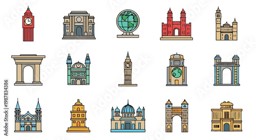 Collection of iconic landmarks and architectural symbols from around the world