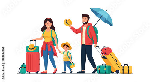Family embarking on an exciting vacation adventure with luggage and travel essentials