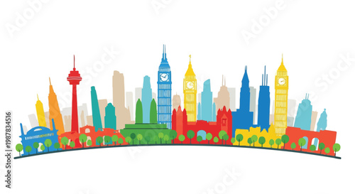 Vibrant skyline illustration featuring iconic cityscape with colorful buildings and landmarks