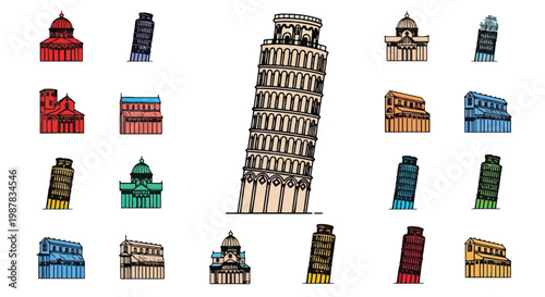 Colorful artistic renditions of famous architectural landmarks around the world