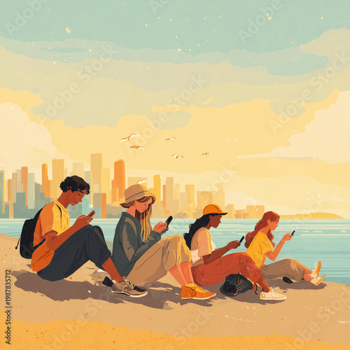 Sunset casts warm hues over city skyline. Four friends sit beachside, engrossed in phones. They relax, heads down, ignoring the sky's glow. City skyline glows behind them, distant and grand