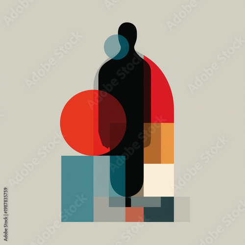 Abstract human silhouette with bold geometric shapes. Vibrant red, teal, and earth tones create visual contrast. Quiet, contemplative mood conveyed through minimalist design. Ideal for modern art