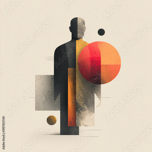 Abstract figure merges with bold circles and textured blocks. Warm tones contrast cool shadows, creating layered depth. Stylized form suggests introspection or inner conflict