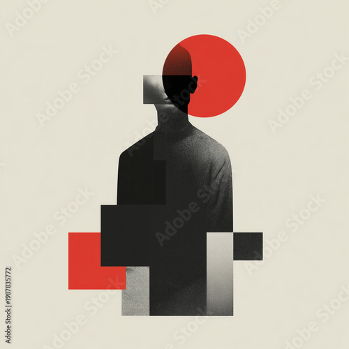 Abstract figure stands against soft beige backdrop. Bold red circle frames head, casting stark contrast. Textured blocks shape body, adding depth and mystery