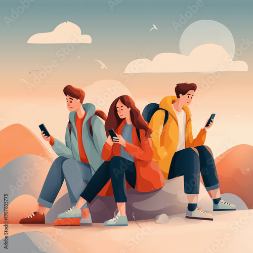 Three friends sit on rocks, each engrossed in their phone. Soft pastel skies and distant hills frame the scene. Warm light suggests late afternoon or early evening. Their expressions show quiet focus