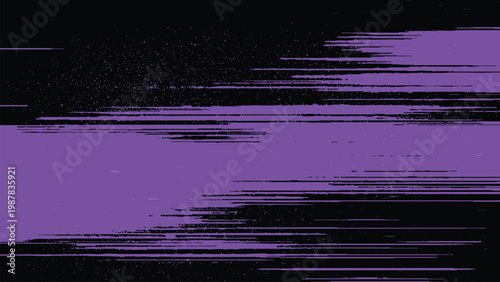 Glitchy purple and black digital distortion effect with horizontal lines and dots
