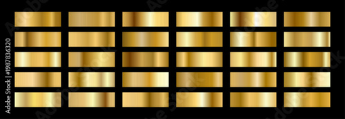 Metallic gradient swatches. Gold Foil Palette. Copper satin shine for metal degrade strip design. Champagne texture patterns with holographic effect. Vector illustration.