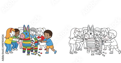 Diverse Group of Kids Celebrating with a Colorful Pinata and Candy, Illustration and Coloring Page for Children, Mexican Fiesta Party Vector Art