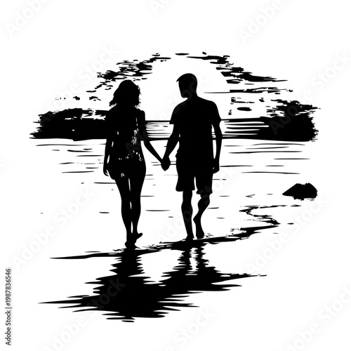 Silhouette of a romantic couple walking hand in hand on the beach