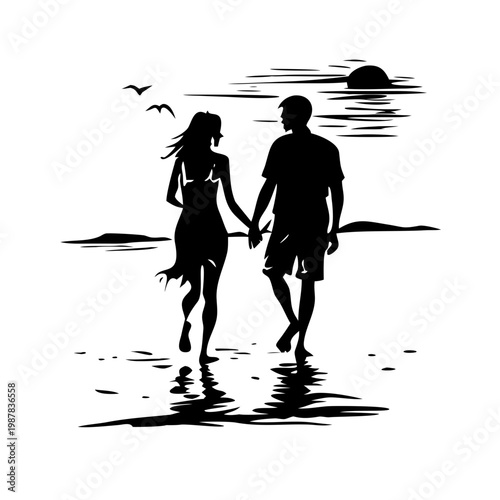 Silhouette of a romantic couple walking on the beach at sunset