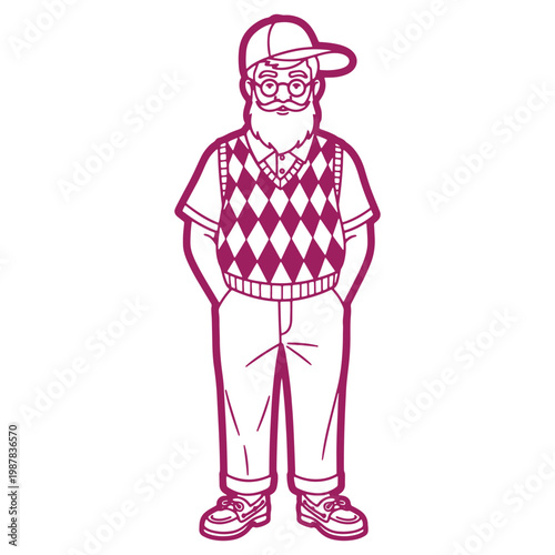 Illustration of an elderly man wearing glasses and a cap standing with hands on hips
