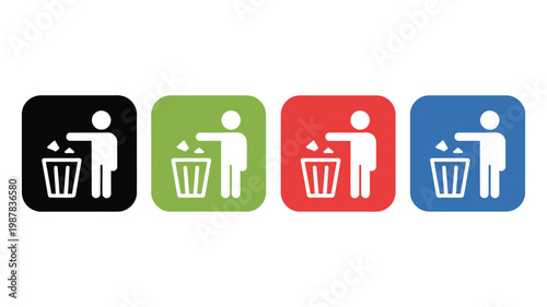 Trash Can Icon Person Throwing Garbage Bin Waste Recycling Clean Environment Vector Illustration Set Isolated Background
