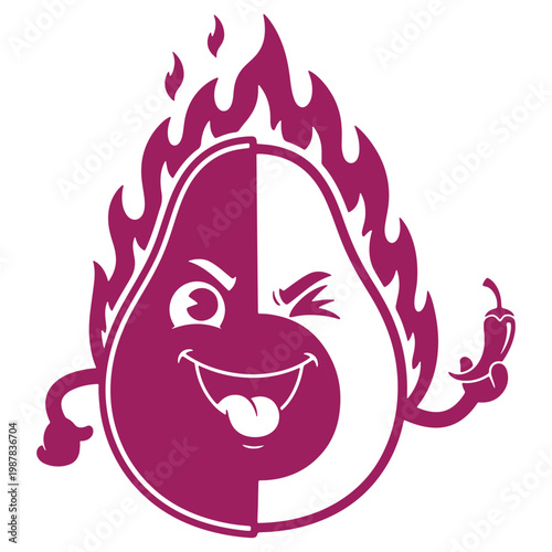 Playful Avocado Character with Flames Funny Cartoon Food Mascot Isolated on Transparent Background