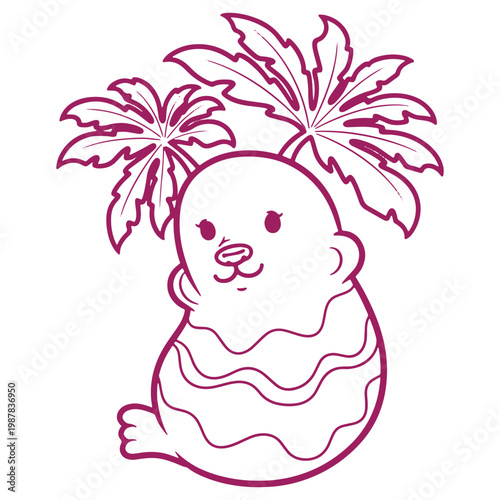 Whimsical cartoon illustration of a cute baby animal with leafy hair isolated on a white background