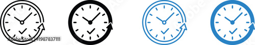 Clock refresh icon set showing time update, schedule reset, deadline management, productivity concept in black and blue outline and filled styles