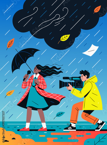 Female weather reporter holding an umbrella in the rain while a male cameraman records her with a video camera, colorful autumn leaves falling around them