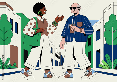 Mature couple walking in modern summer city street, engaged in conversation, surrounded by colorful buildings and greenery, showcasing contemporary urban lifestyle