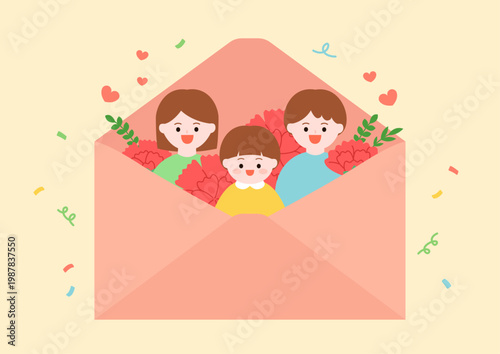 Vector illustration cute family with an envelope.