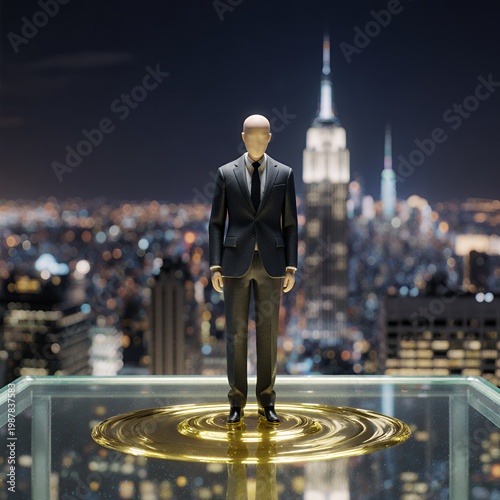 Mannequin Model on Glass Platform with Cityscape Background