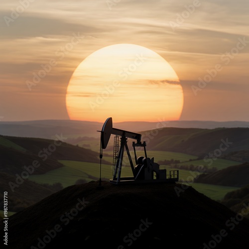 Wide Angle View of Oil Pumpjack Silhouetted Against Sunset Horizon
