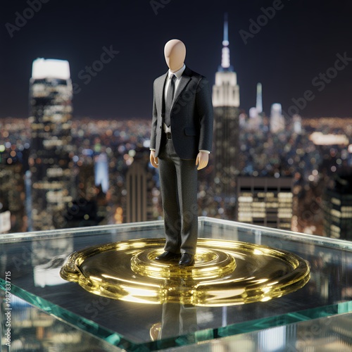 Elegant Businessman Figurine Overlooking Urban Skyline at Night
