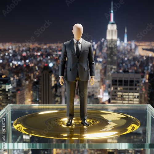 Elegant Mannequin on Golden Surface with City Skyline Background