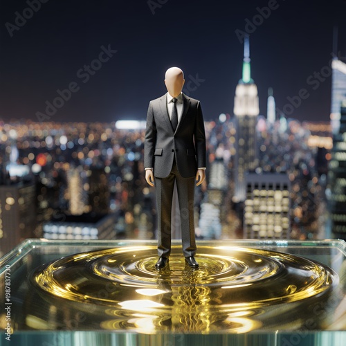 Businessman Standing on Reflective Surface with City Skyline View