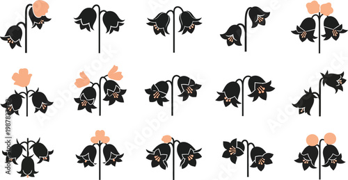 Black and peach flowers on white background floral pattern