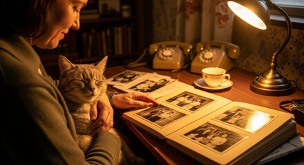 Woman and cat looking at photos.