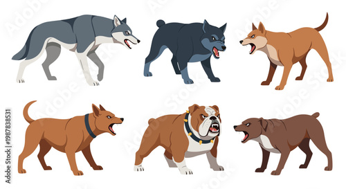 Set of various aggressive dogs shown in side profile with open mouths and growling expressions to represent animal behavior and danger.