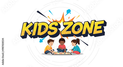 Kids zone banner design featuring a group of diverse children playing a board game together on the floor under a colorful explosion graphic.