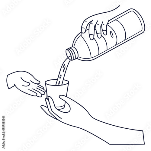 Hand pouring water from bottle into cup for another person's hand, concept of charity and help, humanitarian aid and support.