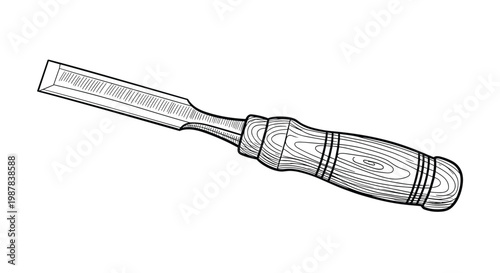 Detailed hand drawn illustration of a professional wood chisel tool with a wooden handle used for carpentry and woodworking craftsmanship.