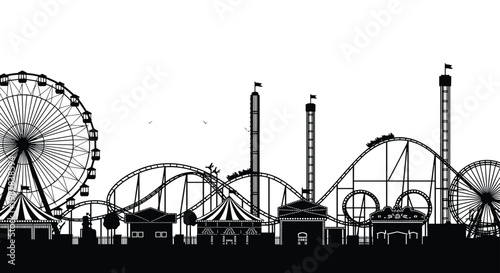 Black silhouette of a large amusement park with roller coasters and a ferris wheel set against a plain white background for design use.