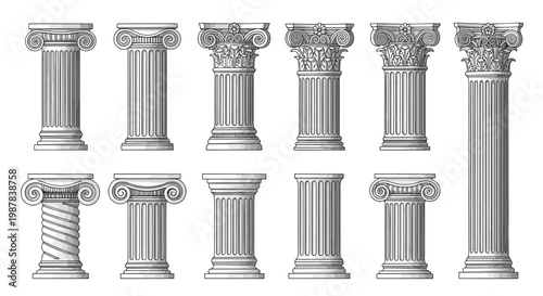 Collection of classical architectural columns in various styles like doric ionic and corinthian depicted in detailed black and white sketches.