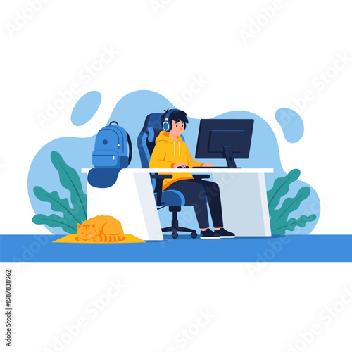 A woman works diligently on a laptop while preparing for a virtual meeting Vector