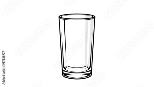 Transparent empty drinking glass stands tall on a white background reflecting light for beverage service and kitchenware themes.