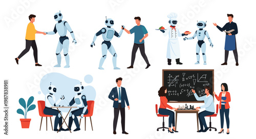 Various scenes of humans interacting with robots in different settings like dining teaching and playing games to show future technology.