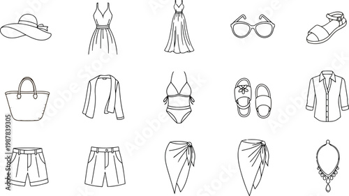 Collection of summer clothing and accessories for women including dresses swimwear hats bags and footwear