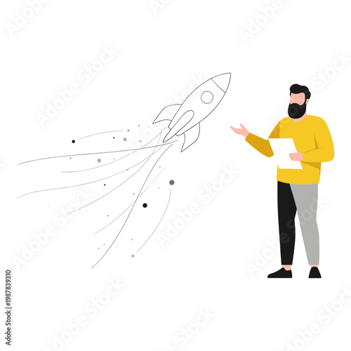 A person wearing a bright safety vest examining a large architectural model. Vector