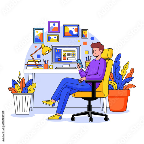 A librarian organizing books and assisting a customer in a vibrant library Vector