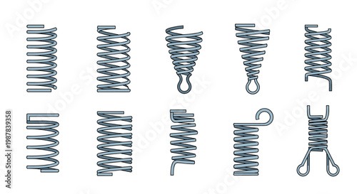 Various types of metal compression and extension springs shown in different shapes and sizes for engineering and industrial design uses.
