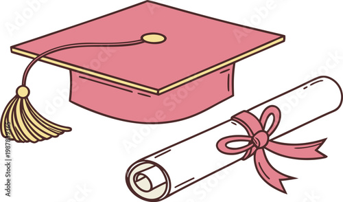 Pink graduation cap with tassel and diploma scroll tied with ribbon, education symbol.