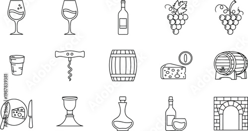 A collection of line art icons representing various elements of wine and cheese tasting and production in a grid layout