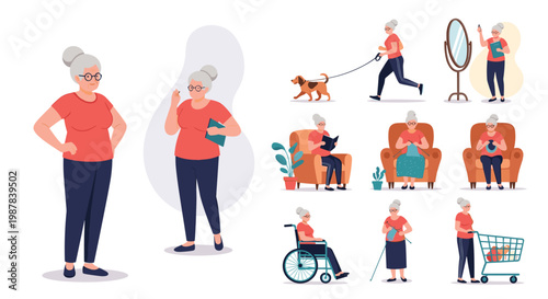 Diverse set of illustrations showing an active senior woman doing various daily activities like walking a dog reading and shopping.