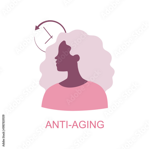 Icon of woman face combined with a clock symbol, minimal anti-aging skincare concept